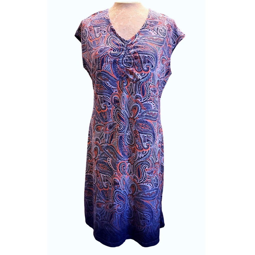 Title Nine Diamalete Paisley Ombre V-Neck Dress Navy Coral Blue Large L